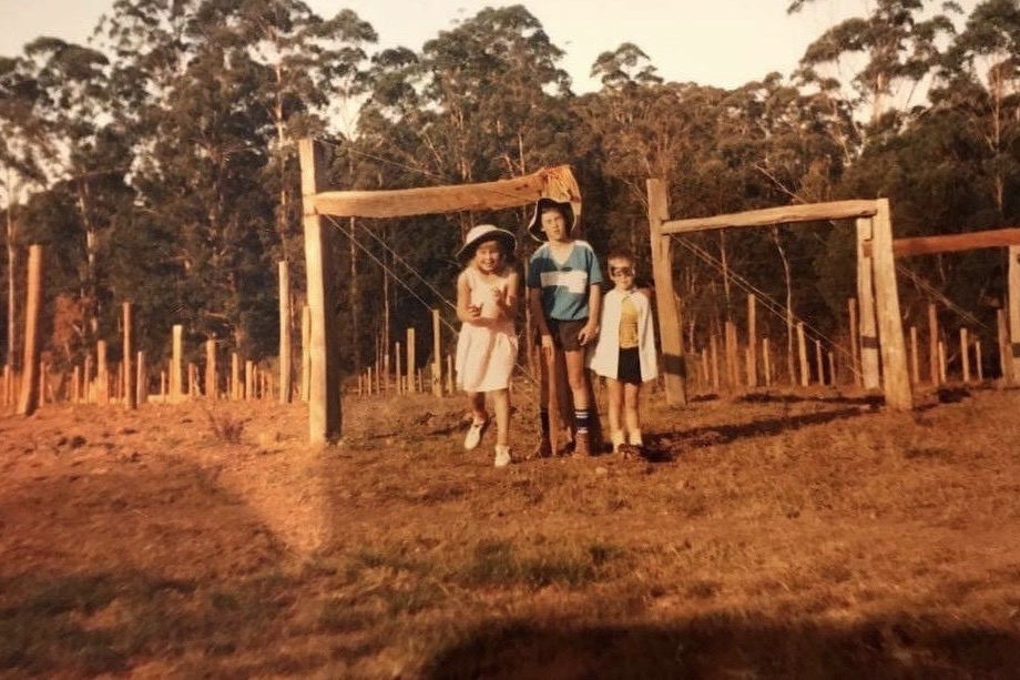 Steve aka Super Steve- hence the cape, with his brother Ian and sister Kellie at his home Vineyard Bago in the Hastings Valley